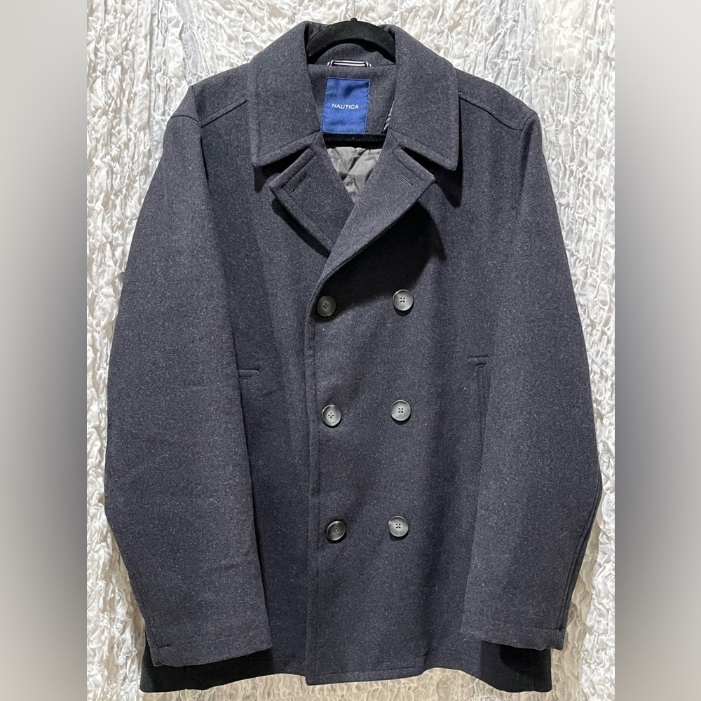 Nautica Charcoal Double-Breasted WOOL BLEND PEA COAT, MEN SIZE L